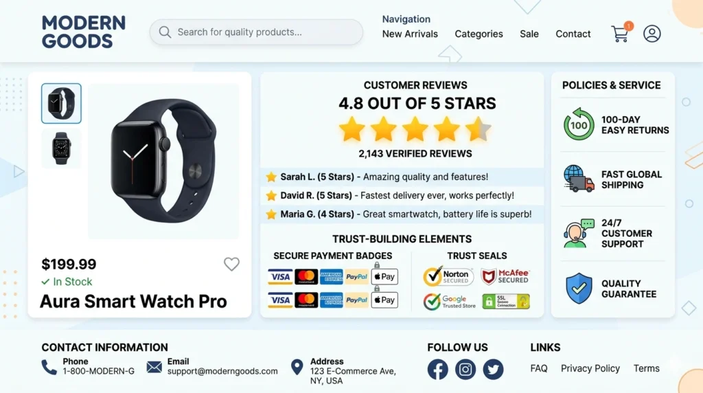 Customer reviews and security badges improving trust and conversion rate in e-commerce