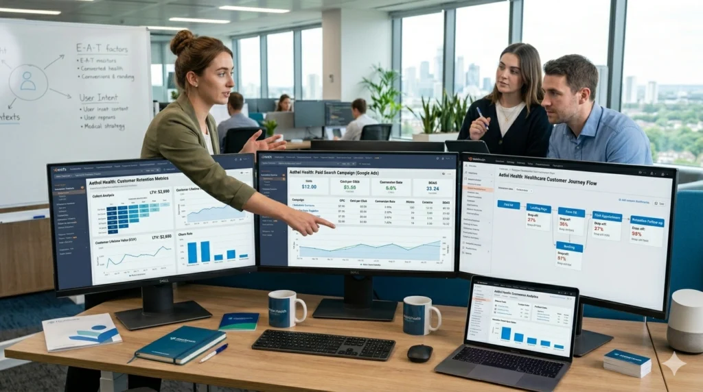 Healthcare marketing team balancing paid ads SEO and customer retention strategies