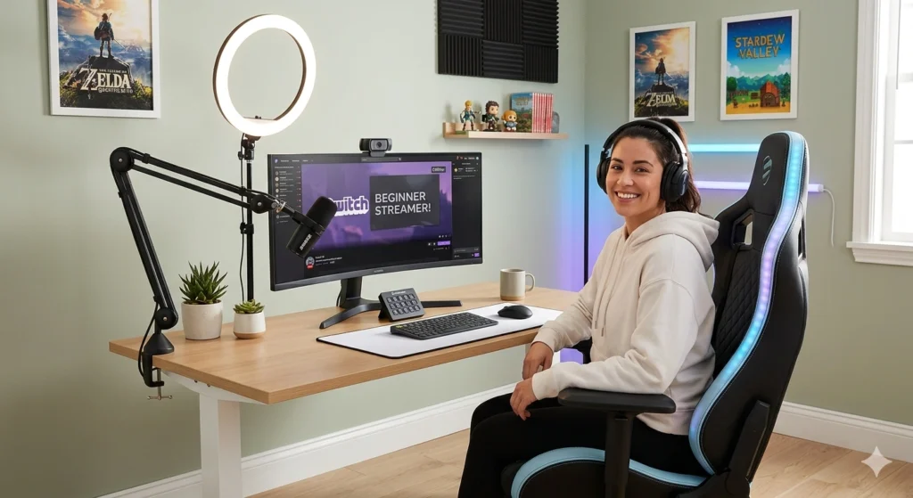 beginner streaming setup with microphone webcam and lighting for professional gaming stream