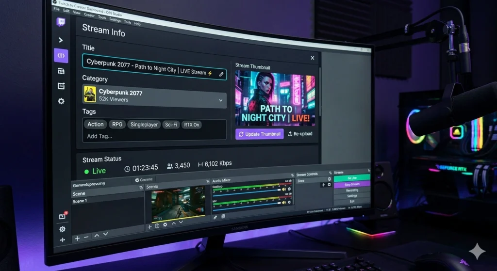 streaming platform settings dashboard with title tags and thumbnail optimization for gaming creators
