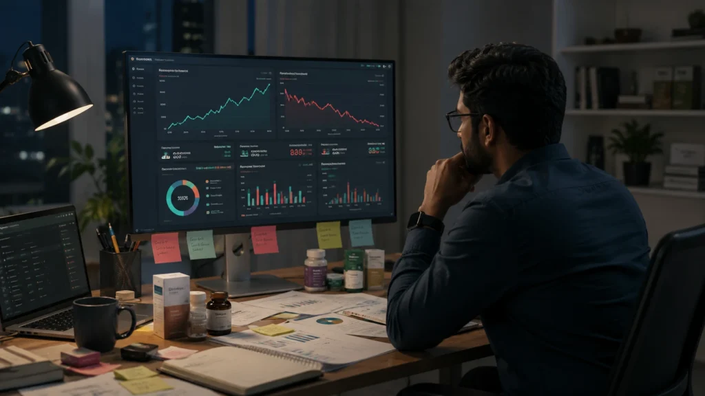 A healthcare founder analyzing rising revenue, shrinking profit margins, and acquisition costs during the growth-stage for D2C healthcare founders.