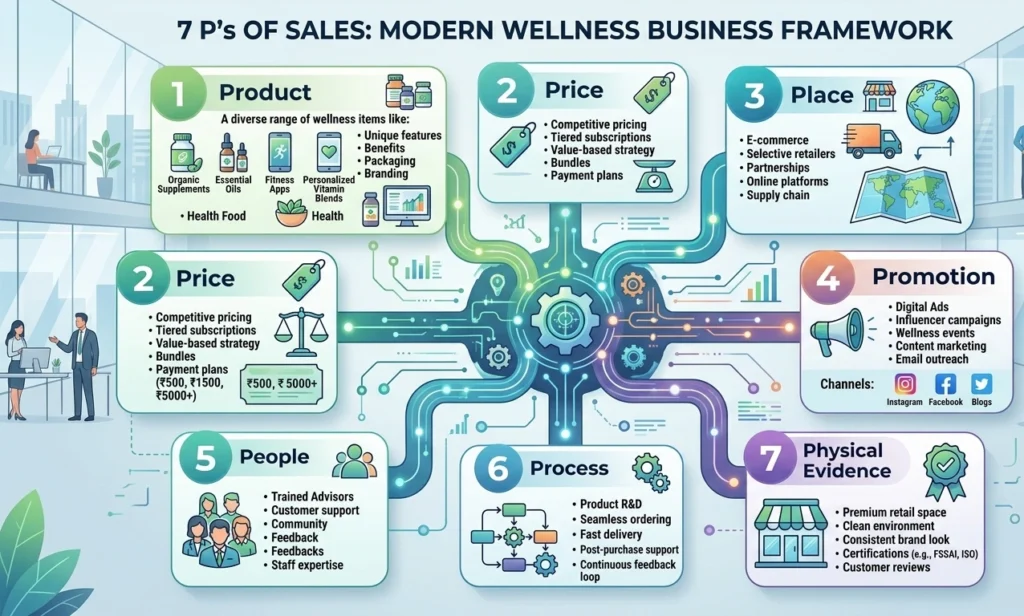 The 7 P's sales framework applied to wellness D2C marketing and online sales growth.