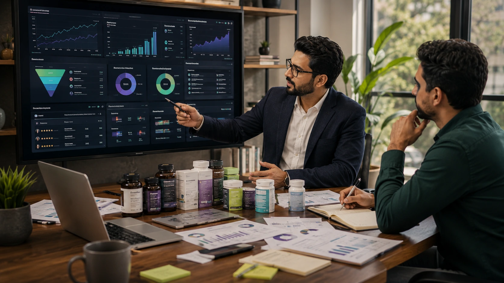 Healthcare marketing consultant reviewing trust metrics, retention analytics, and profitability as part of a Women's and men's Wellness brand marketing strategy with a wellness brand founder.