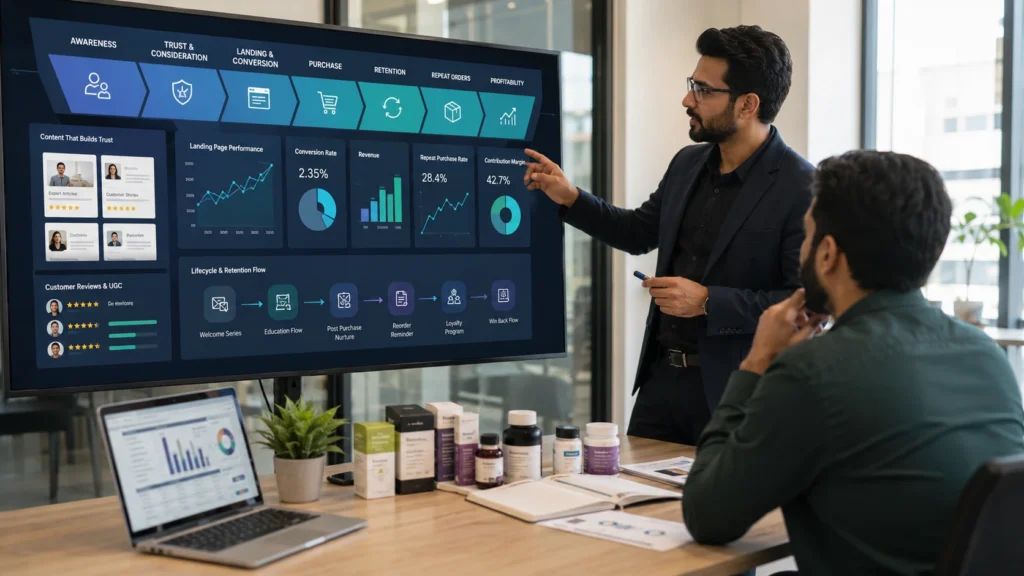 Marketing strategist reviewing a customer funnel focused on trust, retention, and profitability during the growth-stage for D2C healthcare founders.