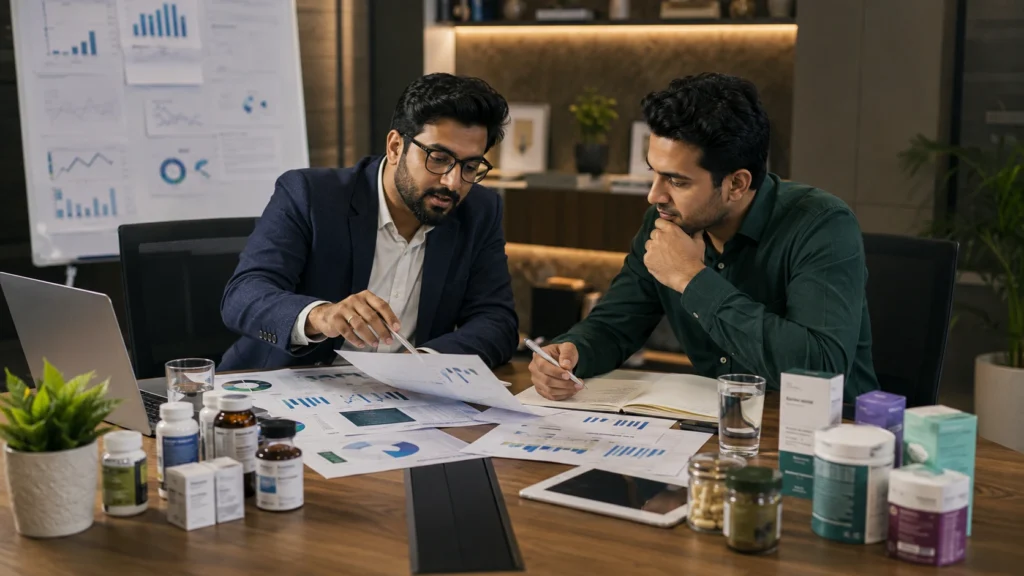 Healthcare founder and consultant reviewing profitability metrics and long-term growth strategy during the growth-stage for D2C healthcare founders.