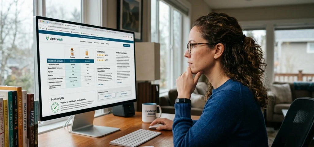 Healthcare customer researching products and building trust before making an online purchase.