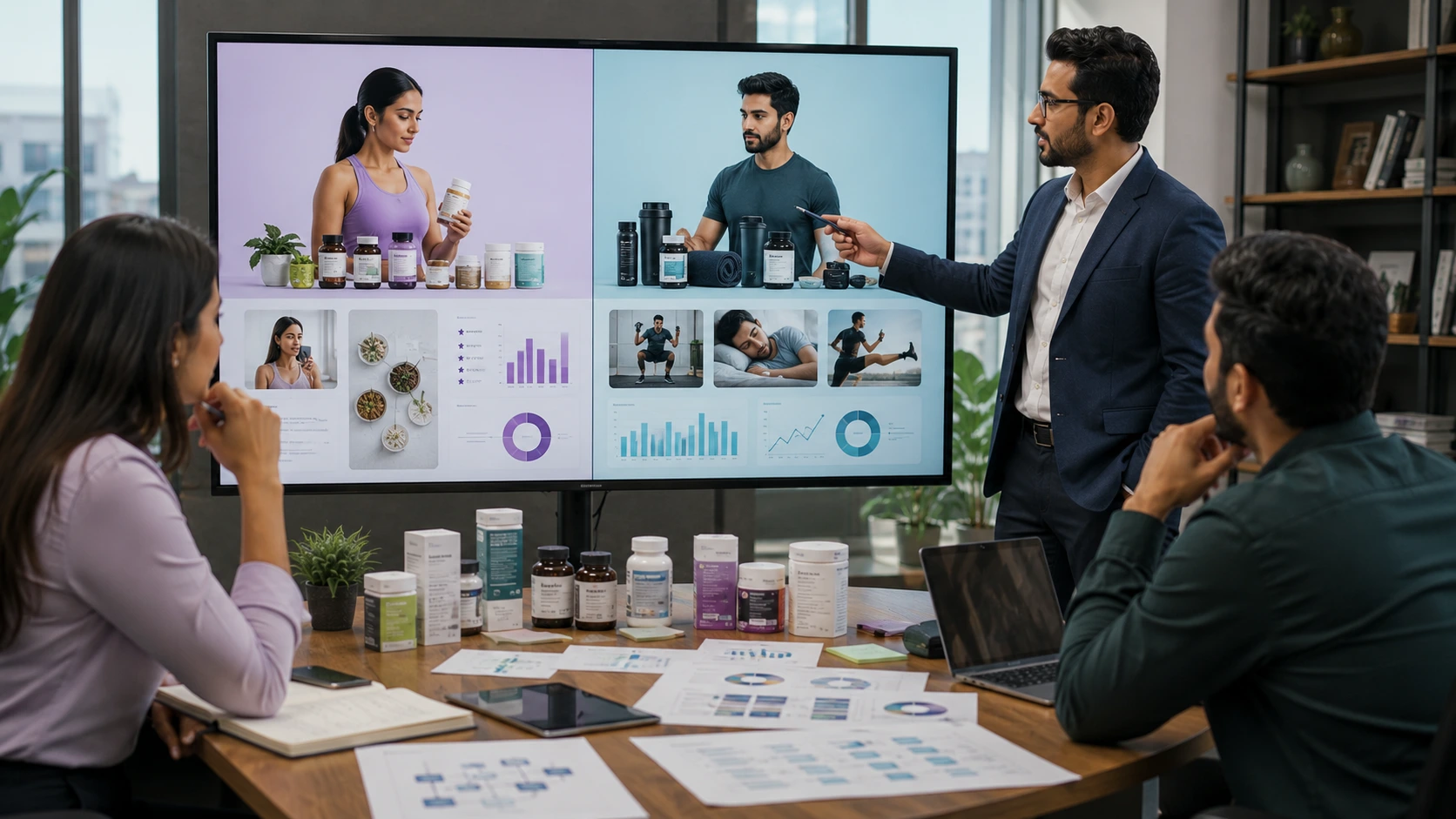 Women's and men's Wellness brand marketing strategy comparing women's and men's wellness customer journeys during a healthcare marketing planning session.