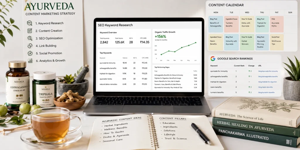 SEO and content marketing strategy to Market an Ayurveda Brand Online through organic search traffic and educational content