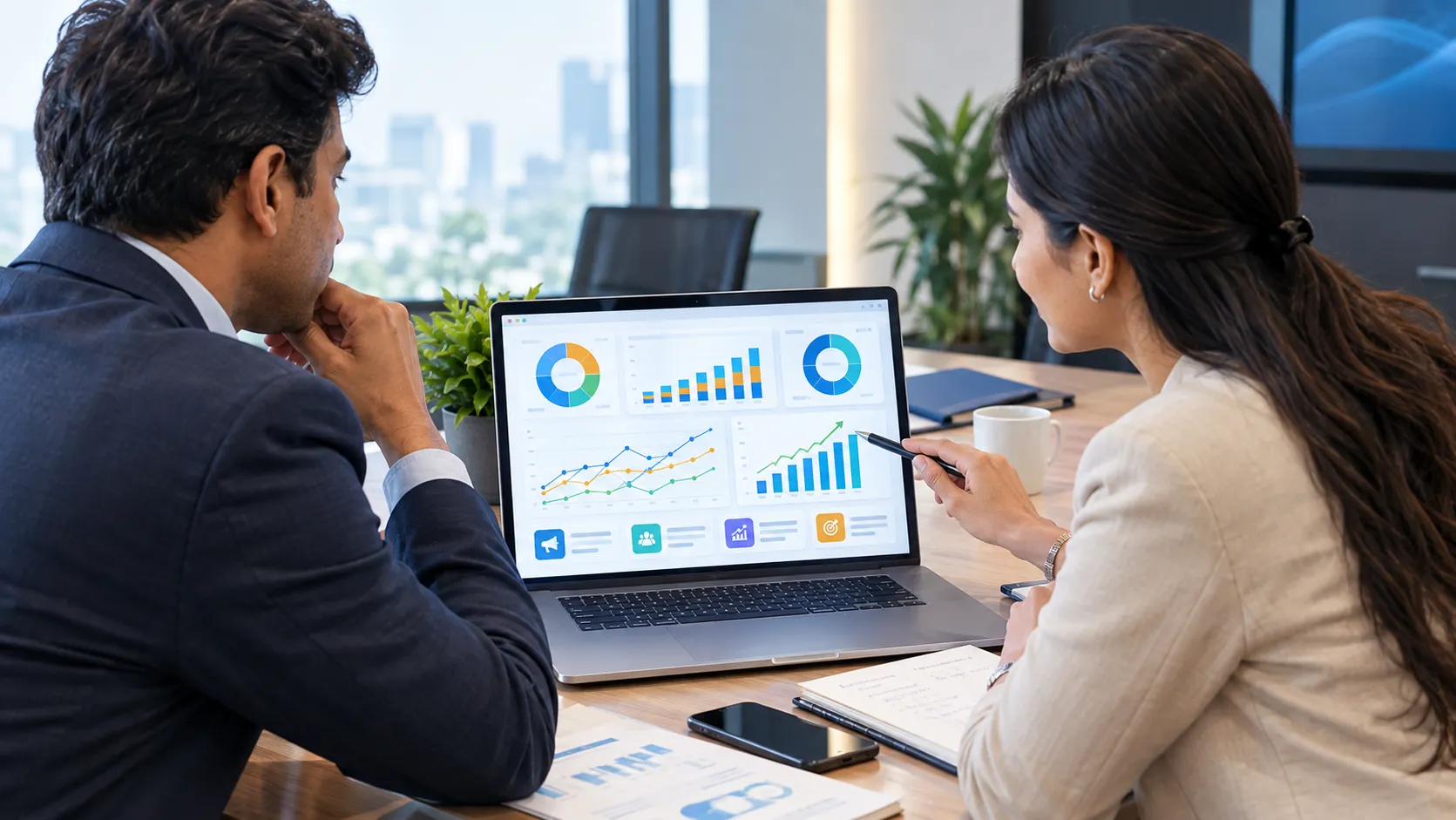 Business owner reviewing performance marketing agency fees and ad spend