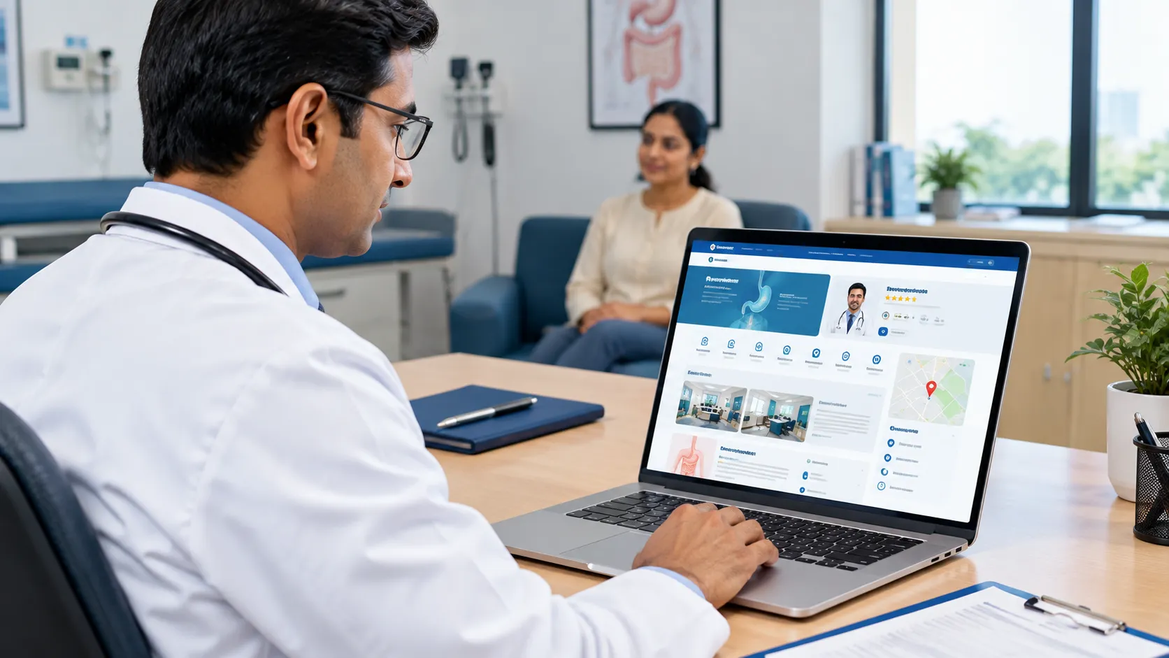 Doctor reviewing condition-specific healthcare content and professional profile online
