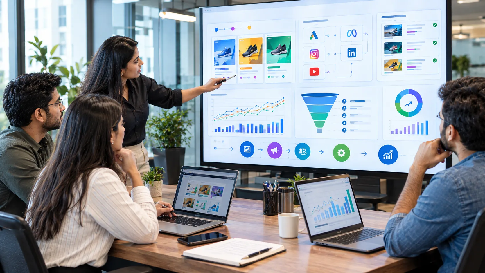 Marketing team testing multiple ad creatives and channels for lead generation