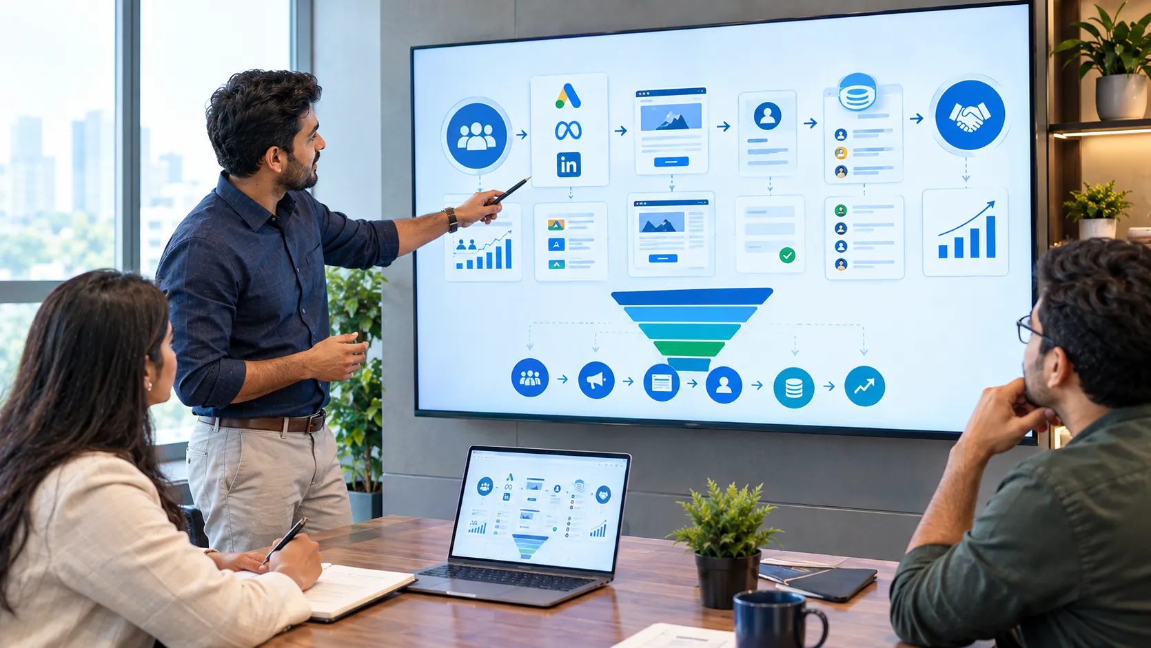 Performance marketing funnel showing traffic landing pages CRM leads and sales