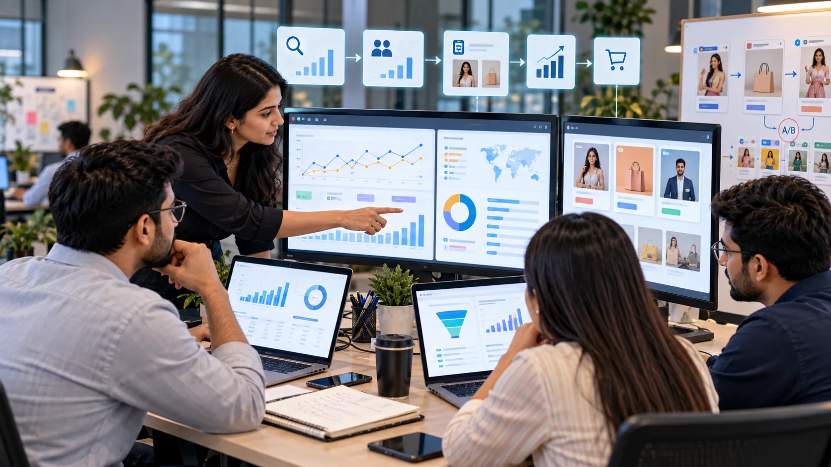 Performance marketing team managing paid ads analytics CRO and creative testing