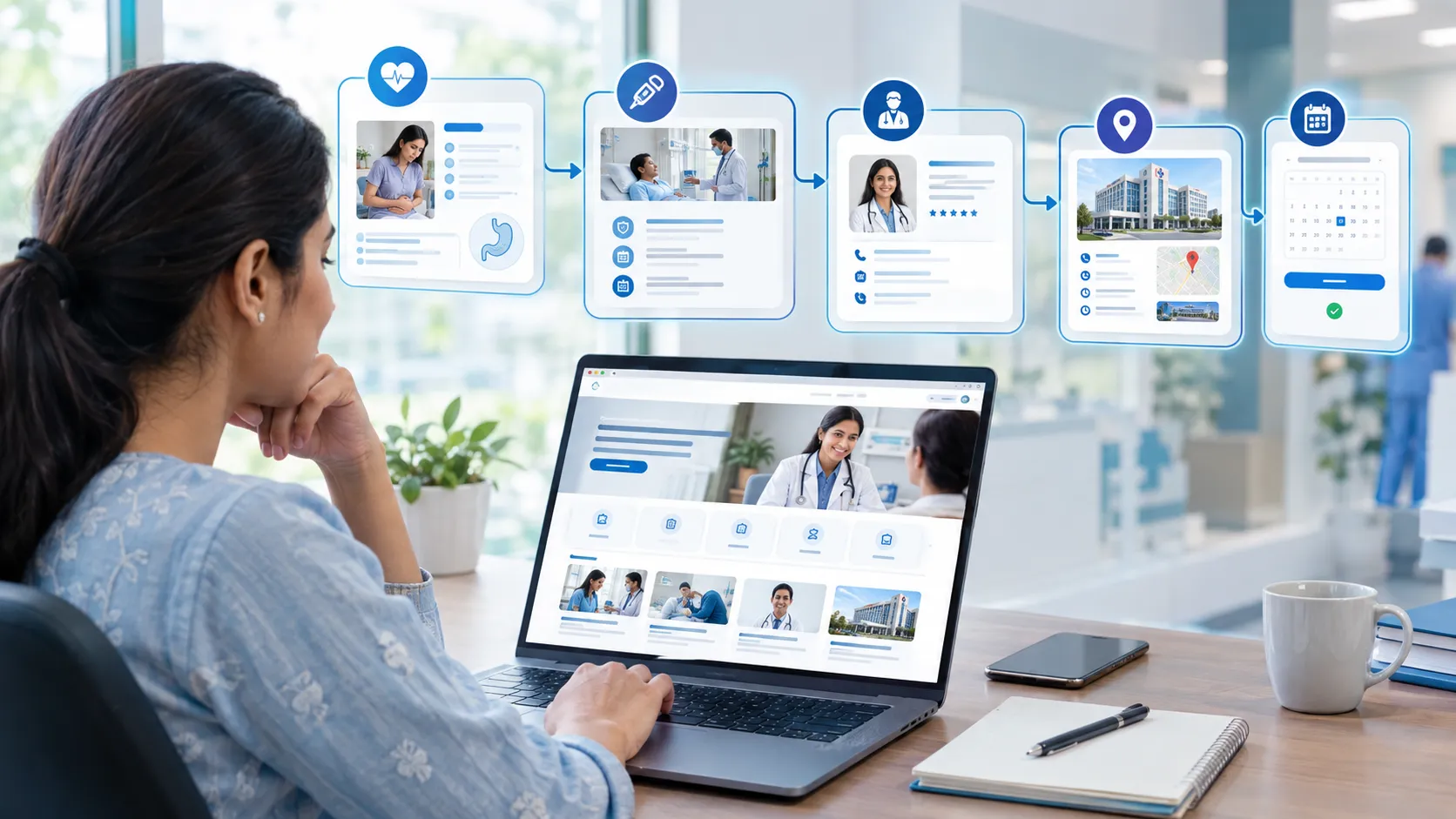 Healthcare website structure showing service pages, doctor profiles, locations and appointment booking
