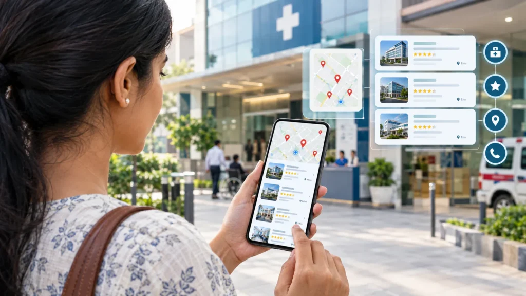 Patient searching for a nearby hospital through local search and maps