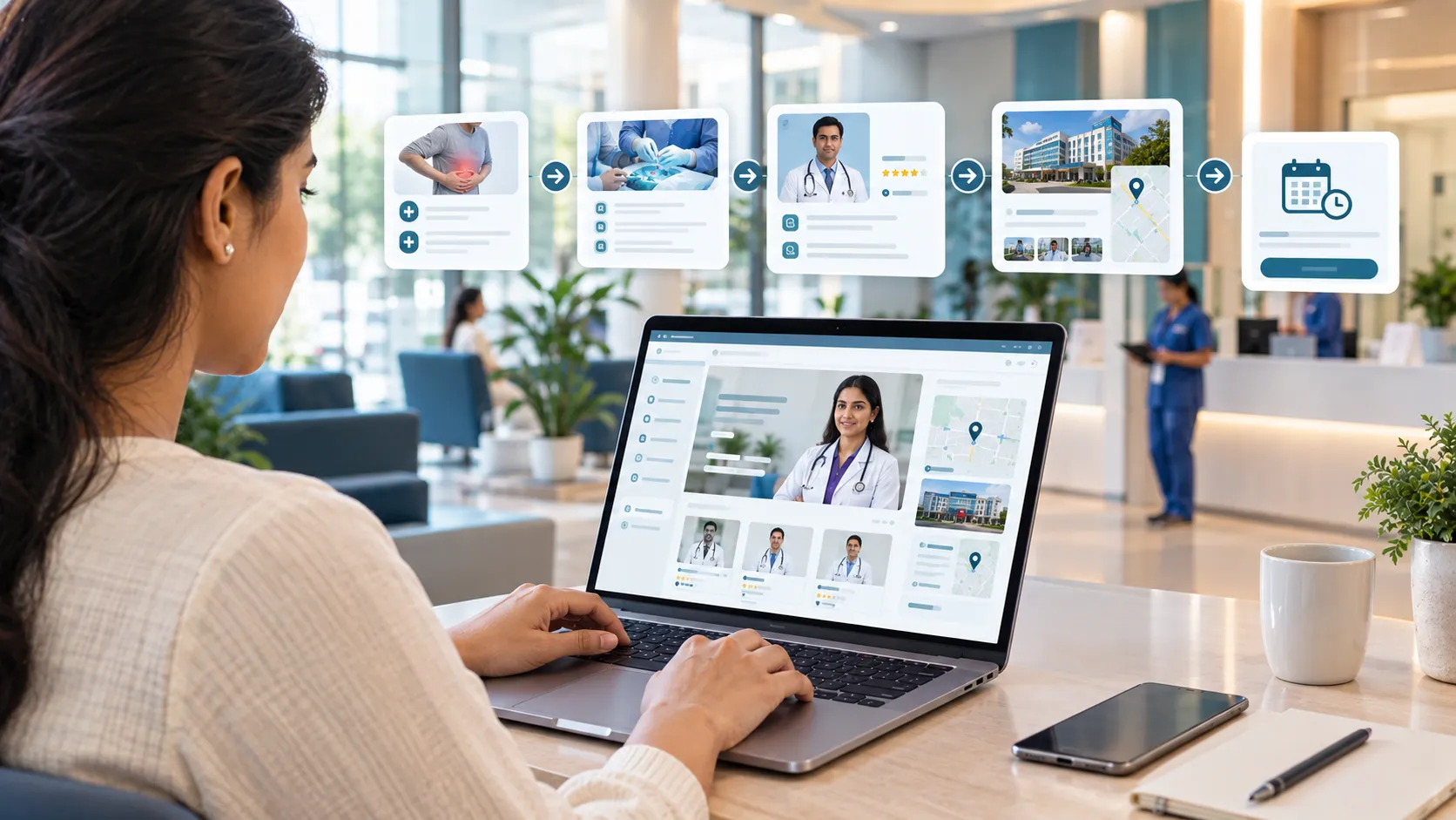 Hospital website structure connecting conditions treatments doctors locations and appointment booking