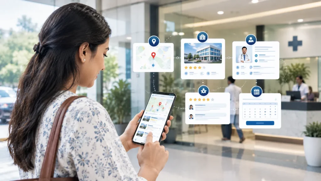 Patient searching for a nearby hospital or clinic through local search