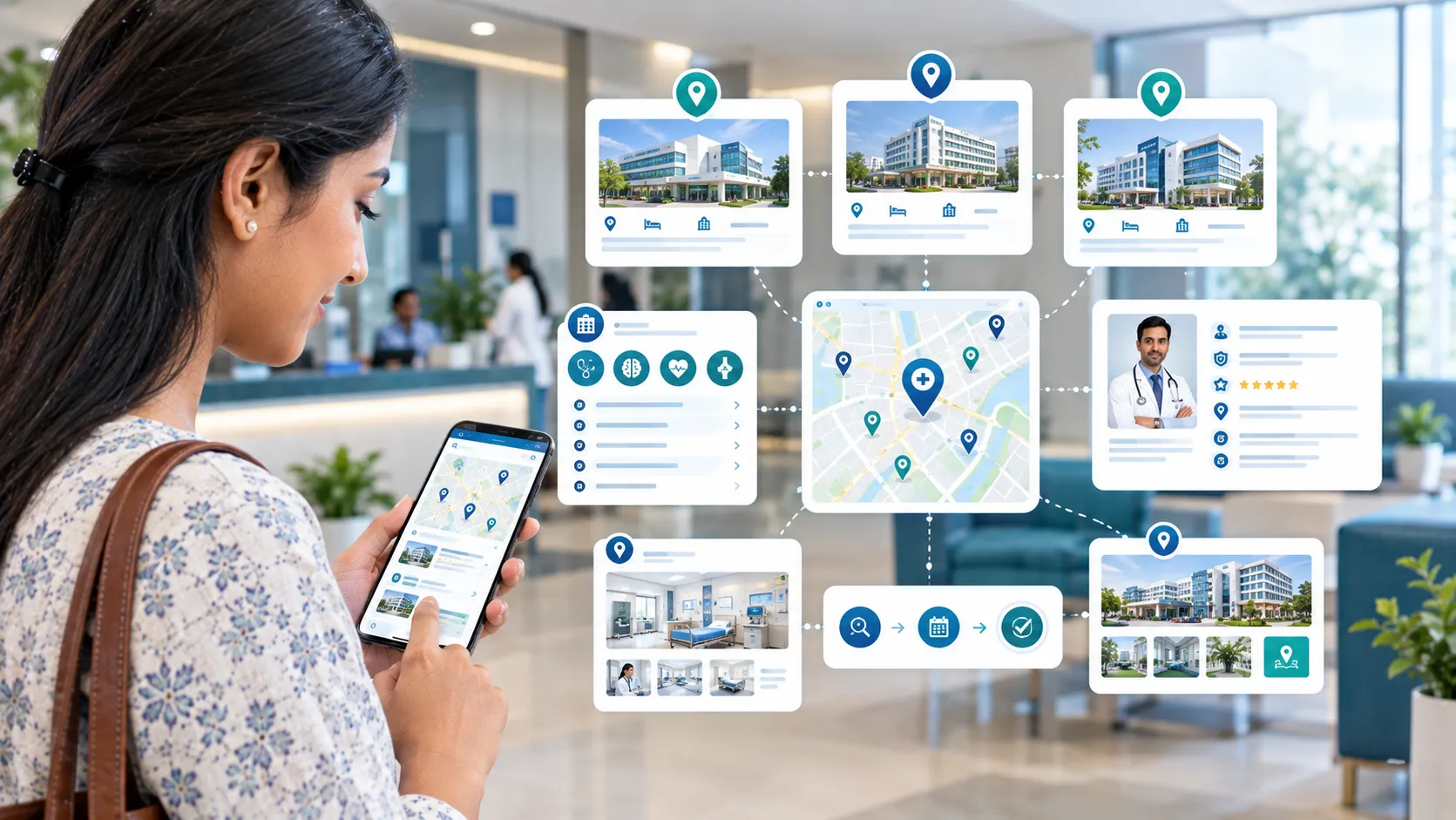 Multi-location healthcare SEO structure connecting hospital locations services and doctors