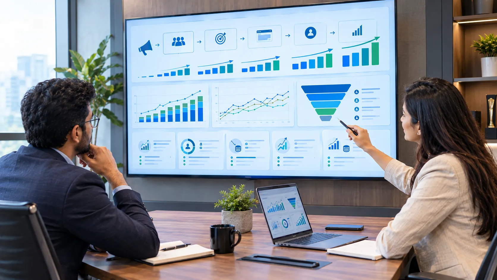Business owner and performance marketing strategist reviewing scalable campaign growth and ROI