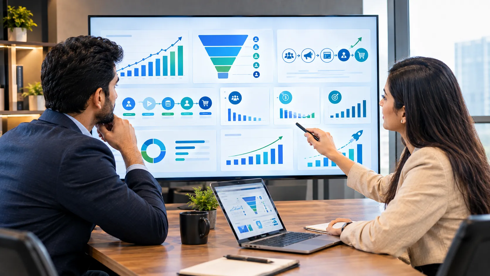 Business owner reviewing lead generation metrics CAC CPL ROAS and growth performance