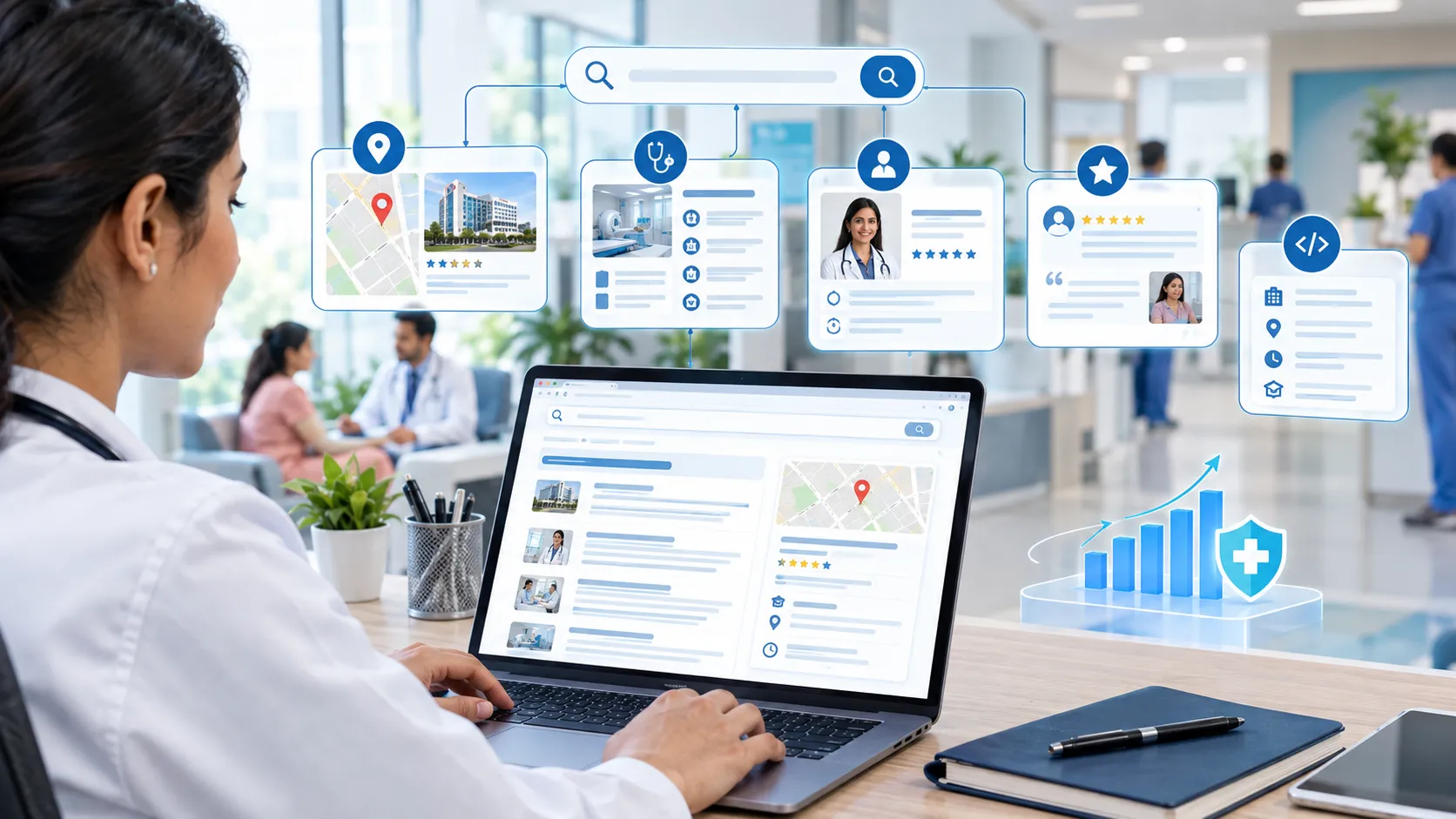 Healthcare SEO strategy connecting local search, service pages, reviews and physician expertise