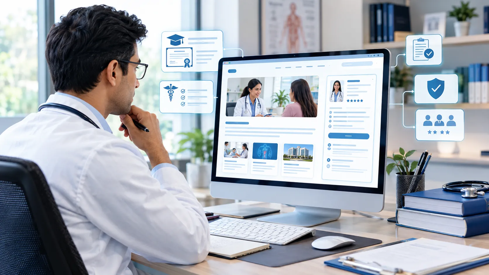 Doctor reviewing healthcare website content and credentials for SEO credibility