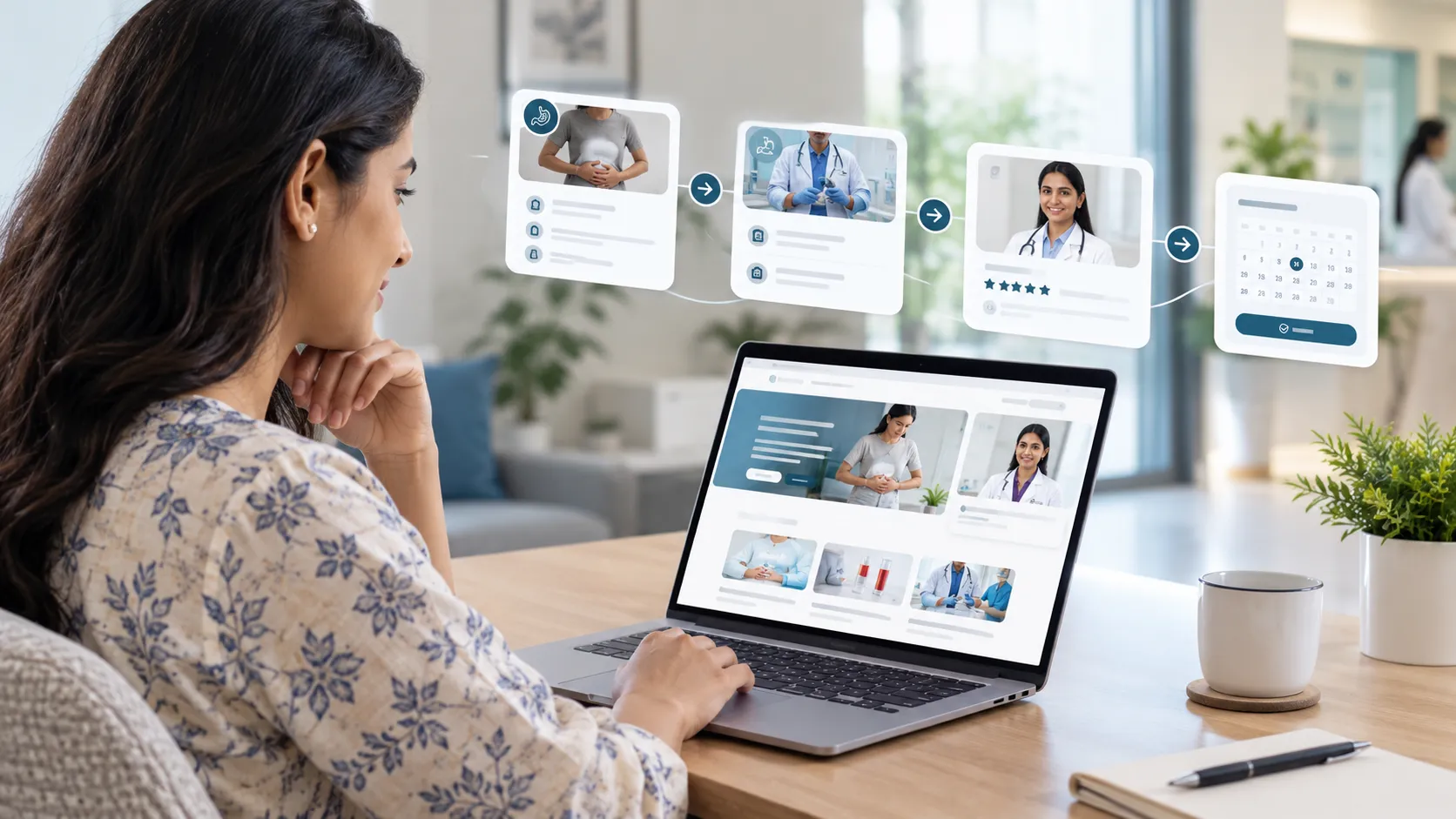 Healthcare website guiding patients from condition information to treatment and appointment booking