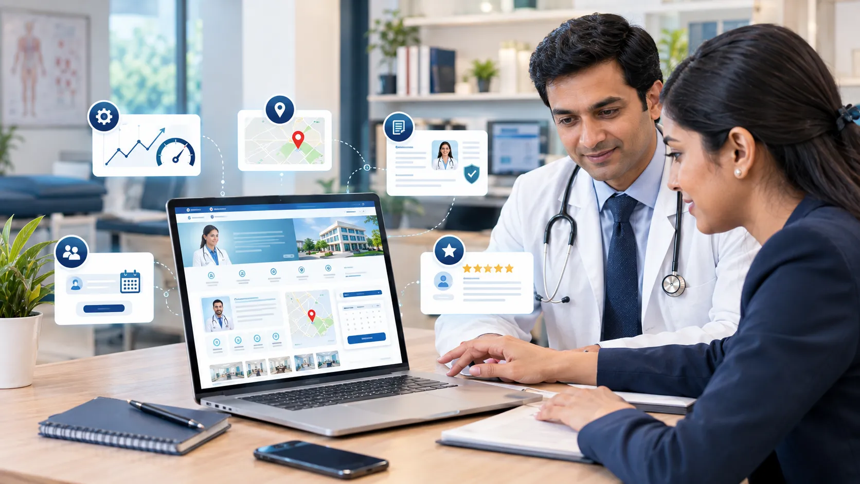 Five core components of healthcare SEO services including technical local content conversion and reputation management