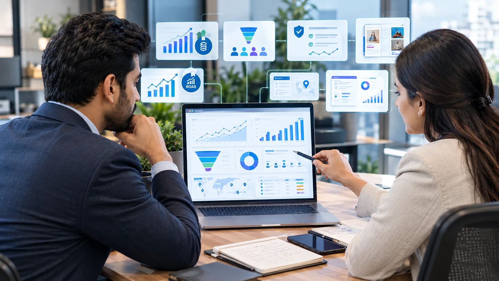 Business owner evaluating a performance marketing agency using ROAS tracking and case study data