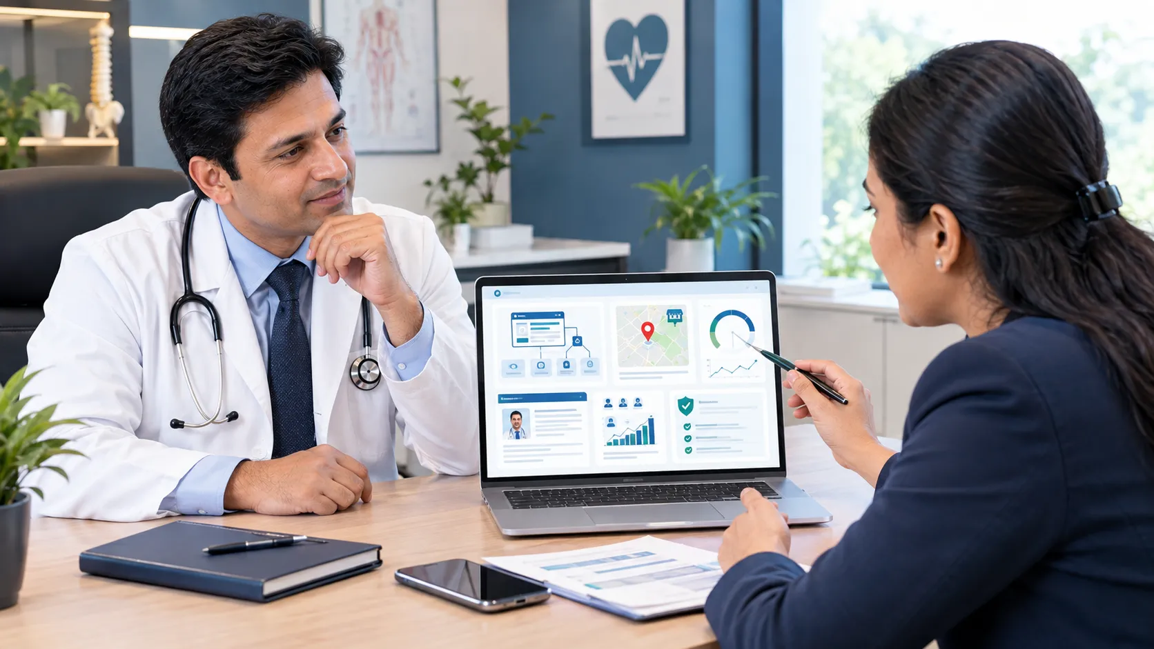 Doctor evaluating a healthcare SEO agency through an SEO audit and performance strategy