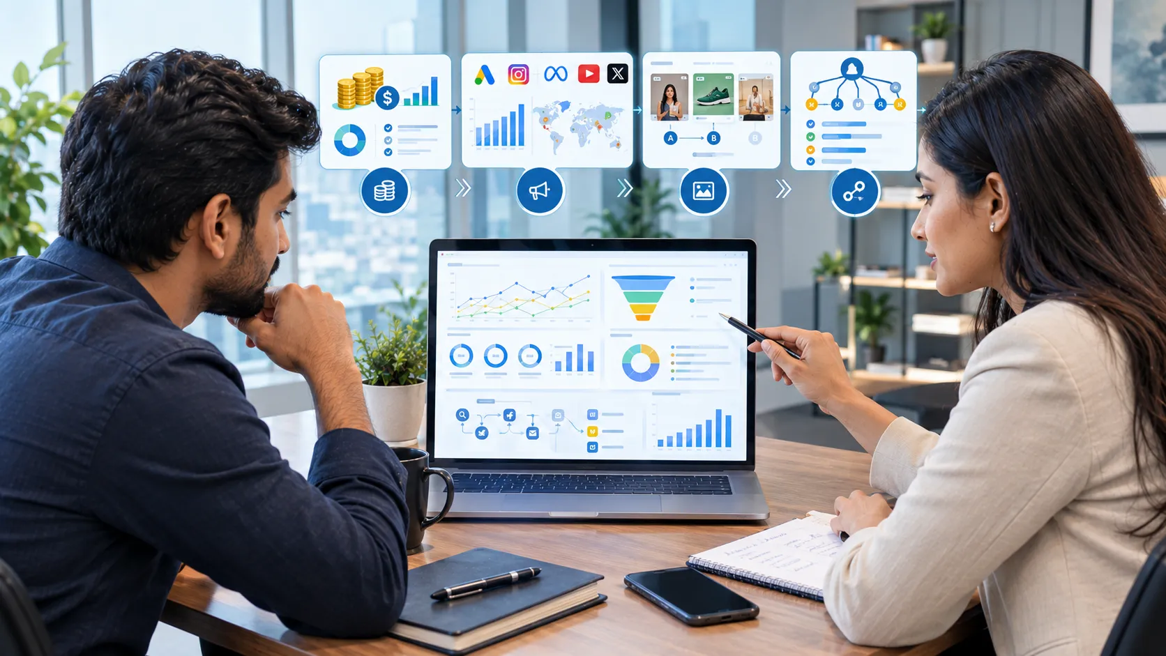 Performance marketing strategy showing unit economics channel planning creative testing and attribution